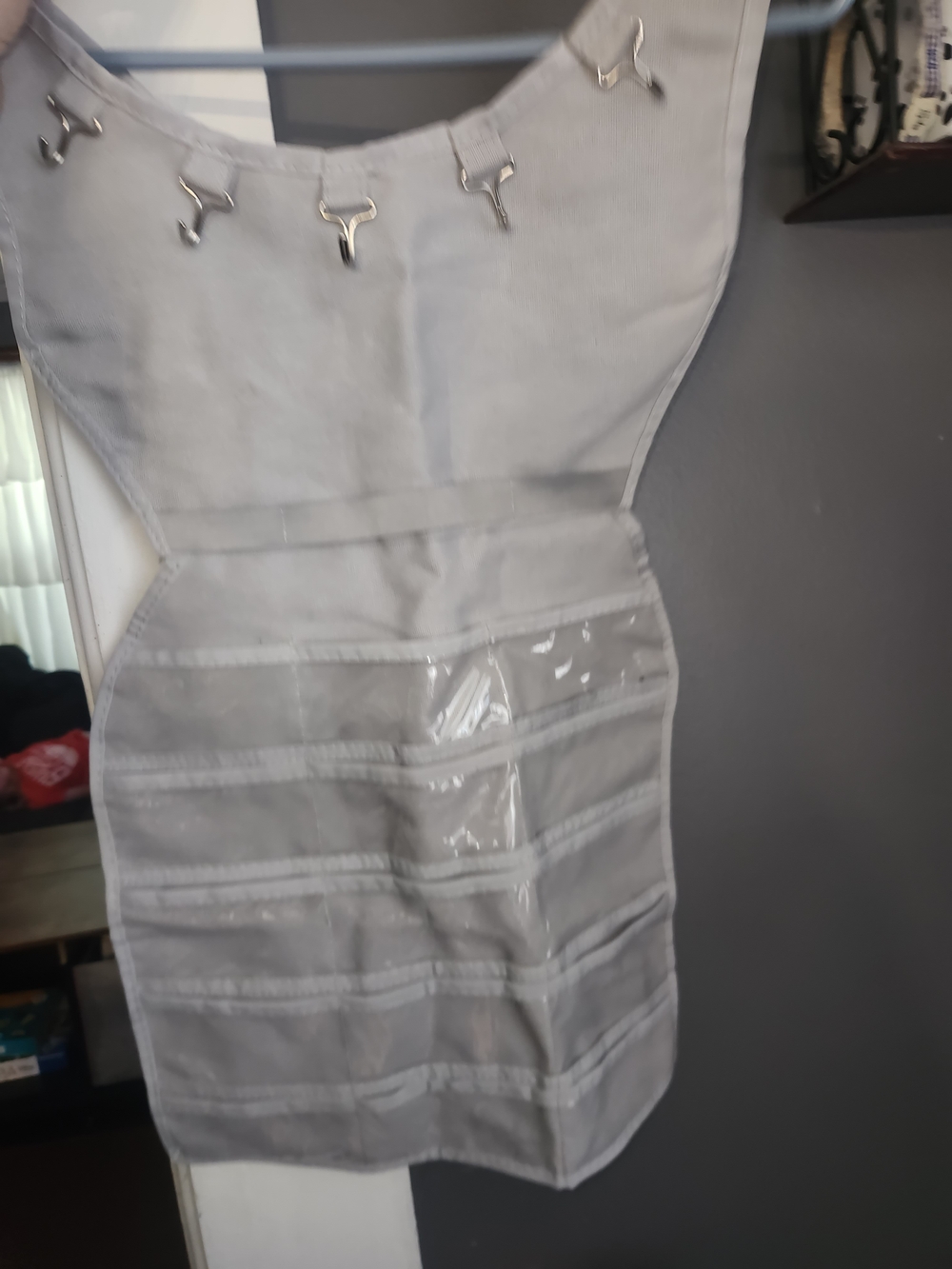 Gray Hanging Organizer with Clear Pocket Strips